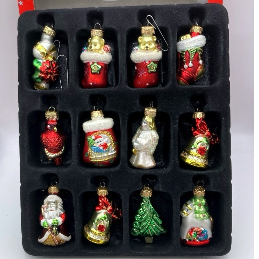 Set of 12 Macy's Holiday Lane Studio Blown Glass Mini Christmas Ornaments 2012